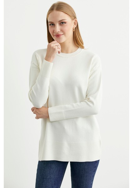 Kol Detaylı Sıfır Yaka Tunik Triko Kazak - Kemik fiyatları