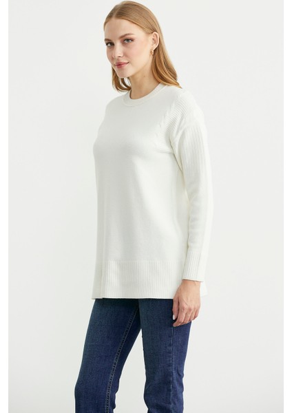 Kol Detaylı Sıfır Yaka Tunik Triko Kazak - Kemik fırsatları