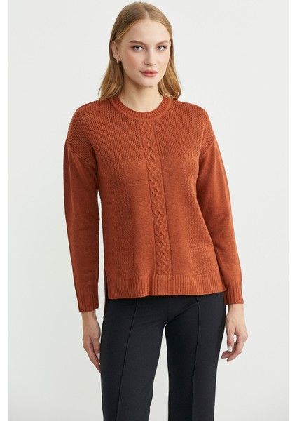 Motifli Arkası Uzun Triko Kazak - Kiremit