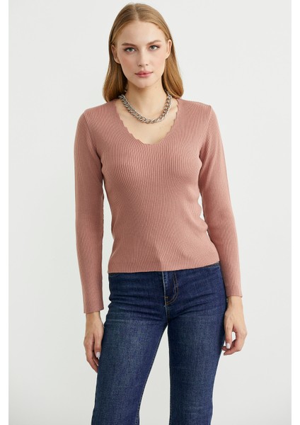 Fitilli Basic V Yaka Triko Kazak - Gül