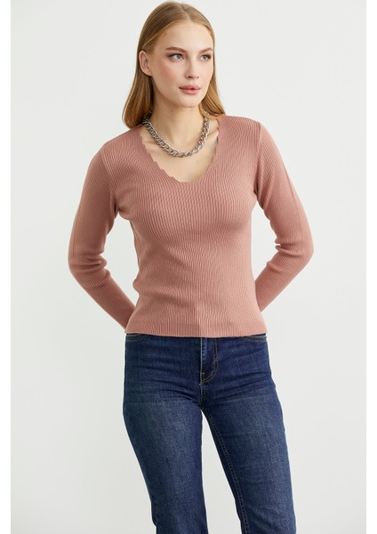 Fitilli Basic V Yaka Triko Kazak - Gül fiyatları