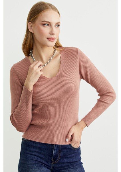 Fitilli Basic V Yaka Triko Kazak - Gül modelleri