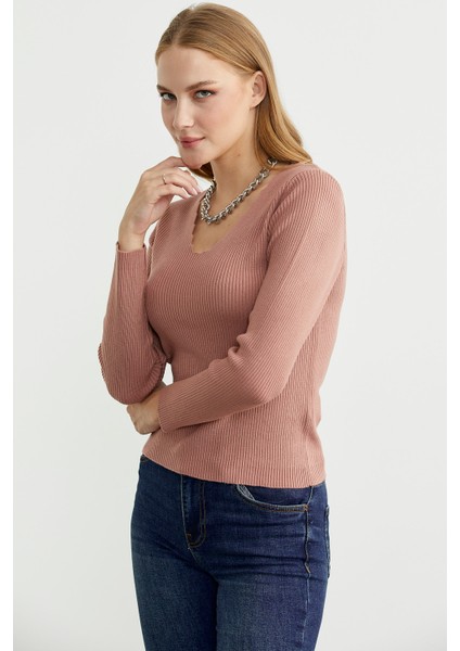 Fitilli Basic V Yaka Triko Kazak - Gül fırsatları