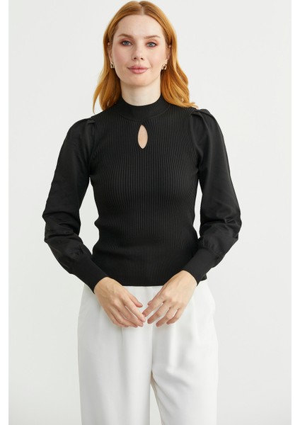 Dik Yaka Balon Kol Triko Kazak - Siyah