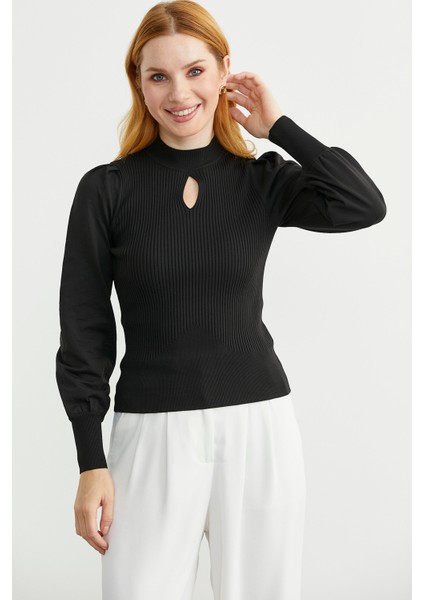 Dik Yaka Balon Kol Triko Kazak - Siyah fiyatları