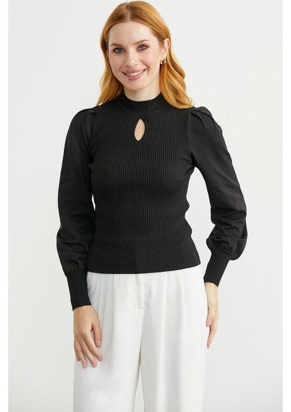 Dik Yaka Balon Kol Triko Kazak - Siyah modelleri