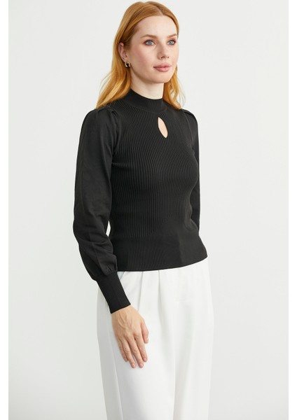 Dik Yaka Balon Kol Triko Kazak - Siyah fırsatları