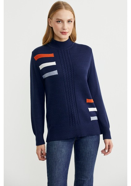 Dik Yaka Renk Detaylı Triko Kazak - Lacivert