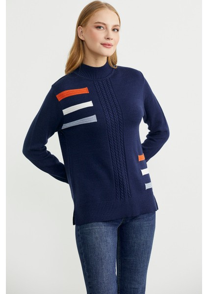 Dik Yaka Renk Detaylı Triko Kazak - Lacivert modelleri