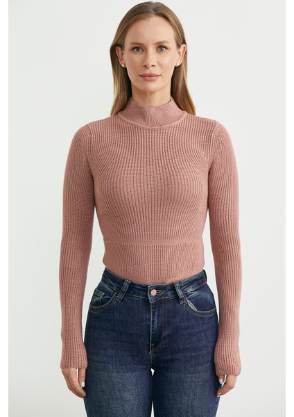 Yarım Balıkçı Fitilli Bodysuit Triko Kazak - Gül