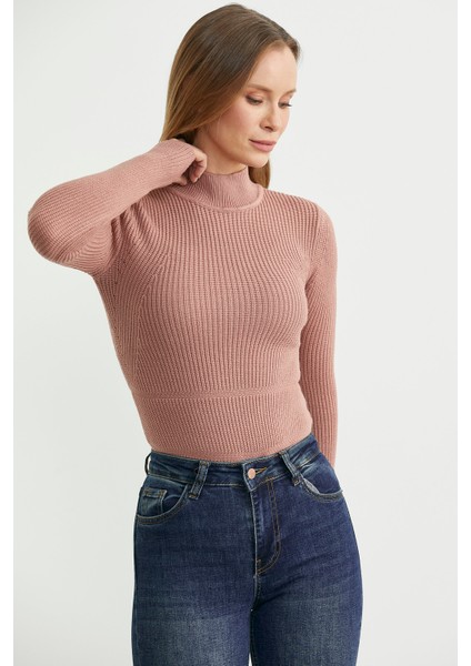 Yarım Balıkçı Fitilli Bodysuit Triko Kazak - Gül fiyatları