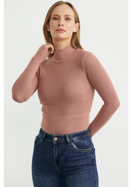 Yarım Balıkçı Fitilli Bodysuit Triko Kazak - Gül modelleri