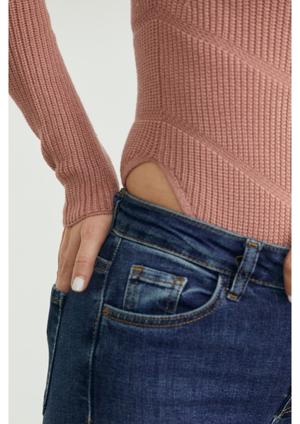 Yarım Balıkçı Fitilli Bodysuit Triko Kazak - Gül indirimleri