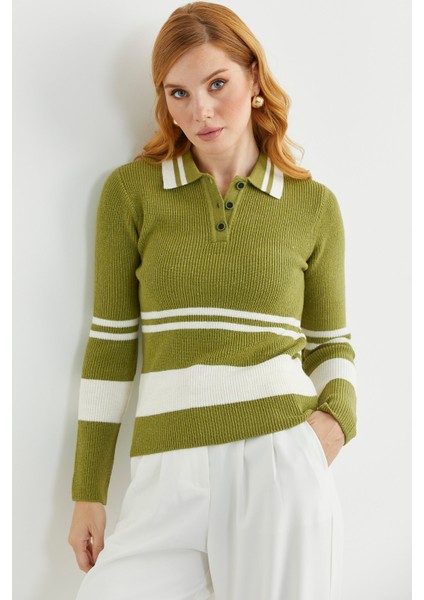 Polo Yaka Fitilli Triko Kazak - Yeşil