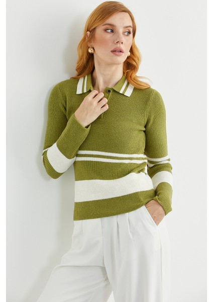 Polo Yaka Fitilli Triko Kazak - Yeşil fırsatları