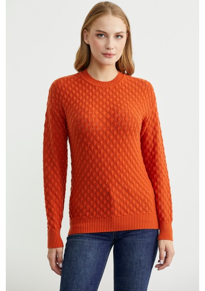 Motifli Sıfır Yaka Triko Kazak - Oranj