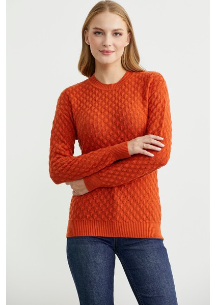 Motifli Sıfır Yaka Triko Kazak - Oranj fiyatları