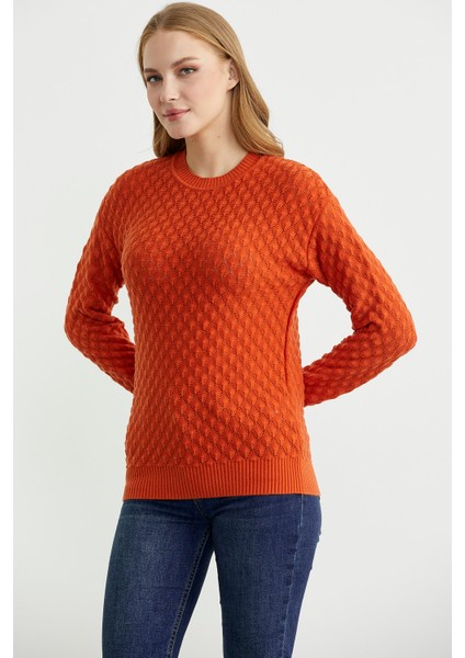 Motifli Sıfır Yaka Triko Kazak - Oranj modelleri