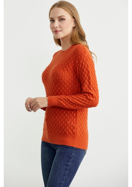 Motifli Sıfır Yaka Triko Kazak - Oranj fırsatları