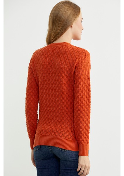 Motifli Sıfır Yaka Triko Kazak - Oranj indirimleri