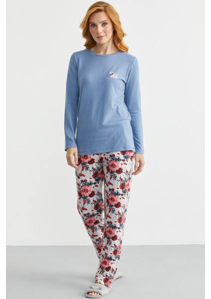 Yumoş Dokulu Desen Kombinli Pijama Takım - Indigo fırsatları