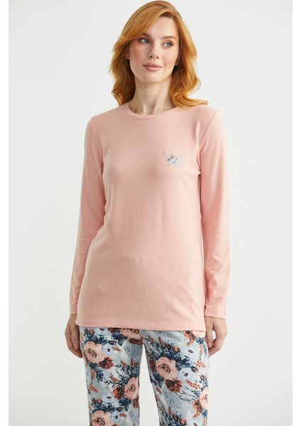 Yumoş Dokulu Desen Kombinli Pijama Takım - Somon modelleri