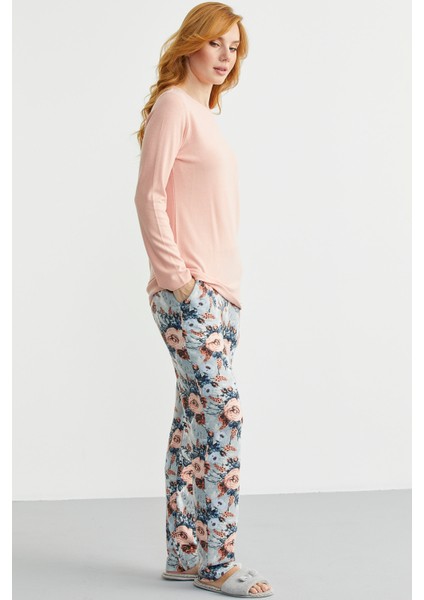 Yumoş Dokulu Desen Kombinli Pijama Takım - Somon fırsatları