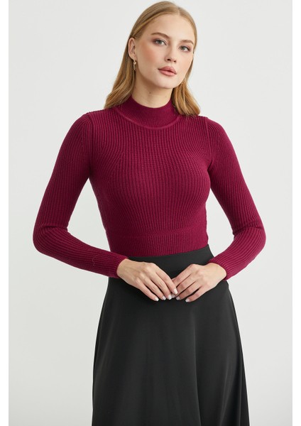 Yarım Balıkçı Fitilli Bodysuit Triko Kazak - Bordo