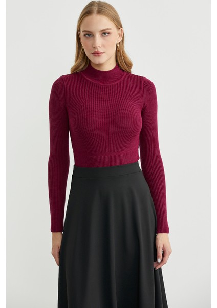 Yarım Balıkçı Fitilli Bodysuit Triko Kazak - Bordo fiyatları