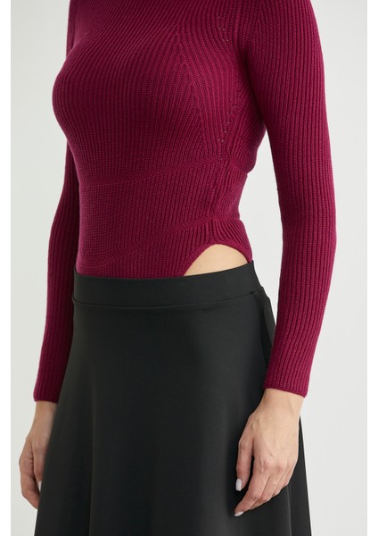 Yarım Balıkçı Fitilli Bodysuit Triko Kazak - Bordo modelleri