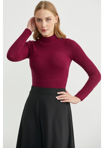 Yarım Balıkçı Fitilli Bodysuit Triko Kazak - Bordo fırsatları