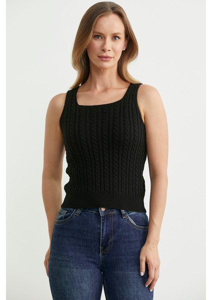 Saç Örgü Kare Yaka Triko Atlet - Siyah fiyatları