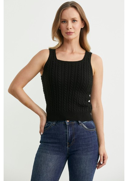 Saç Örgü Kare Yaka Triko Atlet - Siyah modelleri