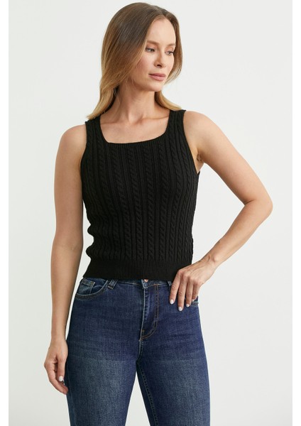 Saç Örgü Kare Yaka Triko Atlet - Siyah fırsatları