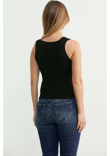 Saç Örgü Kare Yaka Triko Atlet - Siyah indirimleri