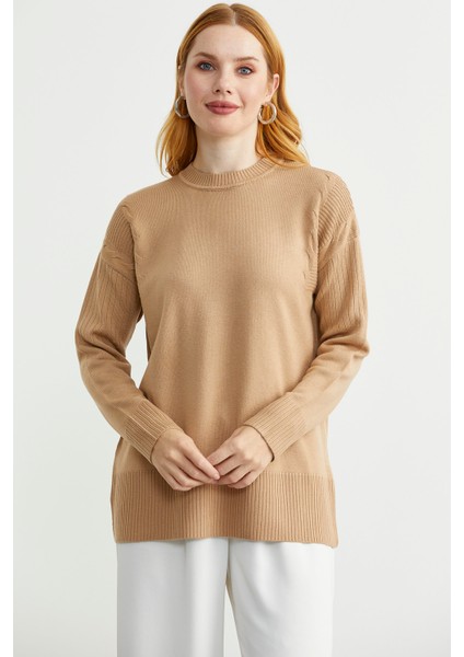 Kol Detaylı Sıfır Yaka Tunik Triko Kazak - Kamel