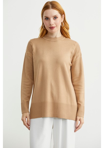 Kol Detaylı Sıfır Yaka Tunik Triko Kazak - Kamel fiyatları