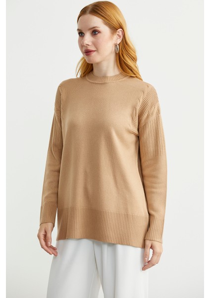 Kol Detaylı Sıfır Yaka Tunik Triko Kazak - Kamel modelleri