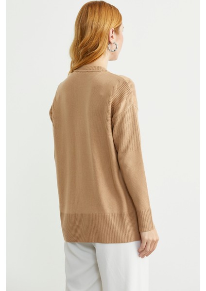 Kol Detaylı Sıfır Yaka Tunik Triko Kazak - Kamel indirimleri