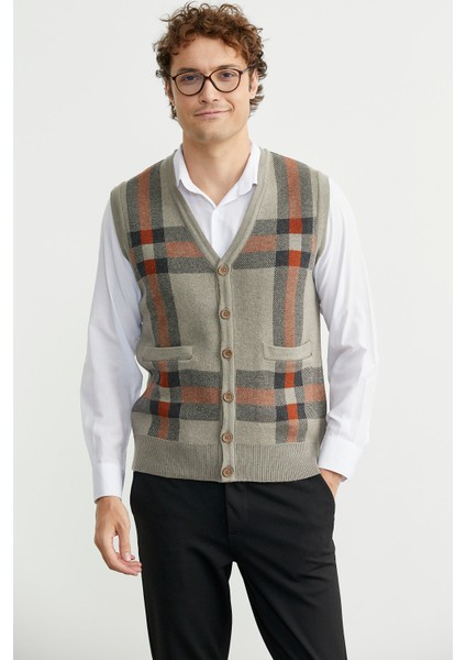 Düğmeli Yünlü Kalın Triko Yelek - Vizon