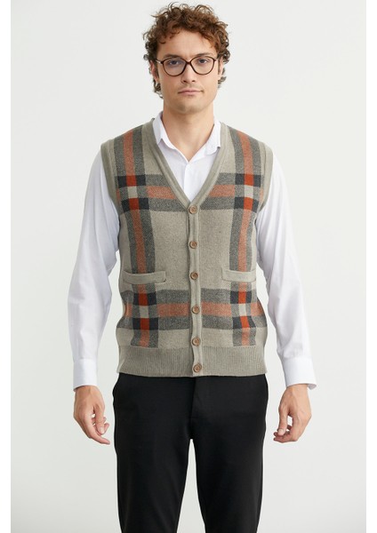 Düğmeli Yünlü Kalın Triko Yelek - Vizon modelleri