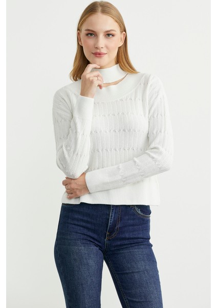 Saç Örgü Basic Dik Yaka Triko Kazak - Kemik