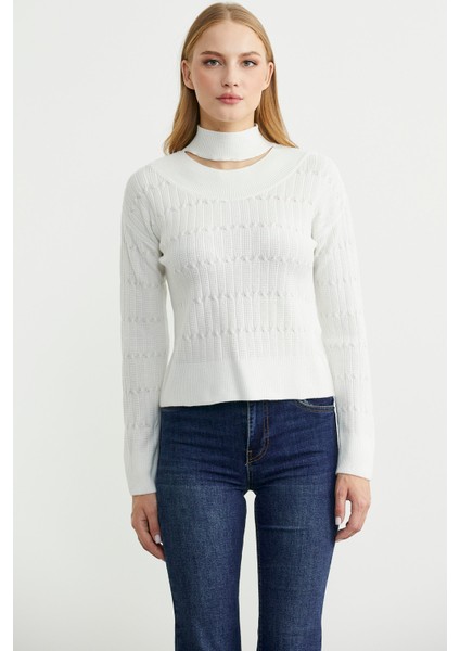 Saç Örgü Basic Dik Yaka Triko Kazak - Kemik fiyatları