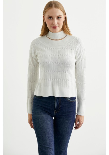 Saç Örgü Basic Dik Yaka Triko Kazak - Kemik fırsatları