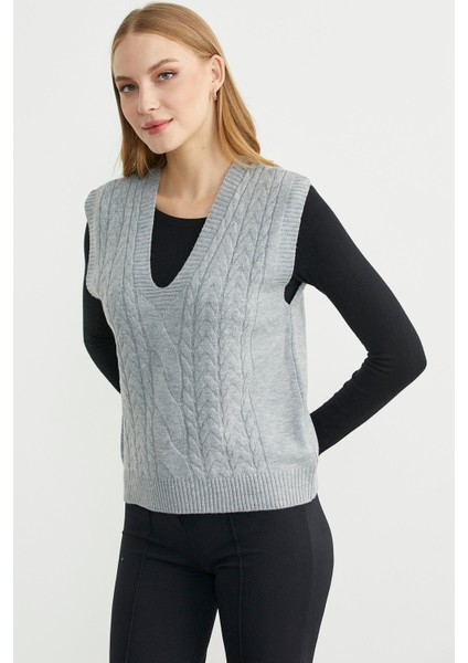 V Yaka Saç Örgü Triko Süveter - Gri modelleri
