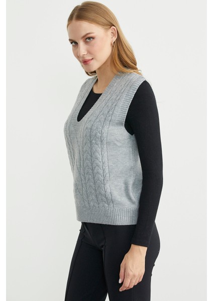 V Yaka Saç Örgü Triko Süveter - Gri fırsatları