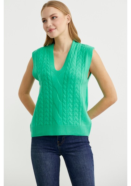 V Yaka Saç Örgü Triko Süveter - Yeşil fiyatları