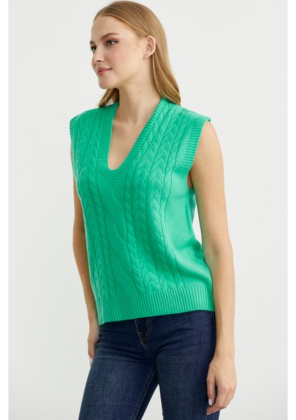 V Yaka Saç Örgü Triko Süveter - Yeşil modelleri