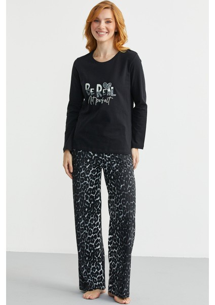 Yumuşak Dokulu Leopar Kombinli Rahat Takım - Siyah