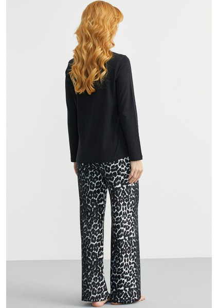 Yumuşak Dokulu Leopar Kombinli Rahat Takım - Siyah indirimleri